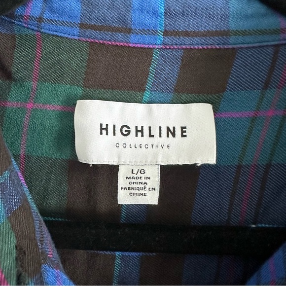Size L Highline Collective Shirt Tartan Plaid Button Down Blue & Green with ties - Picture 5 of 6